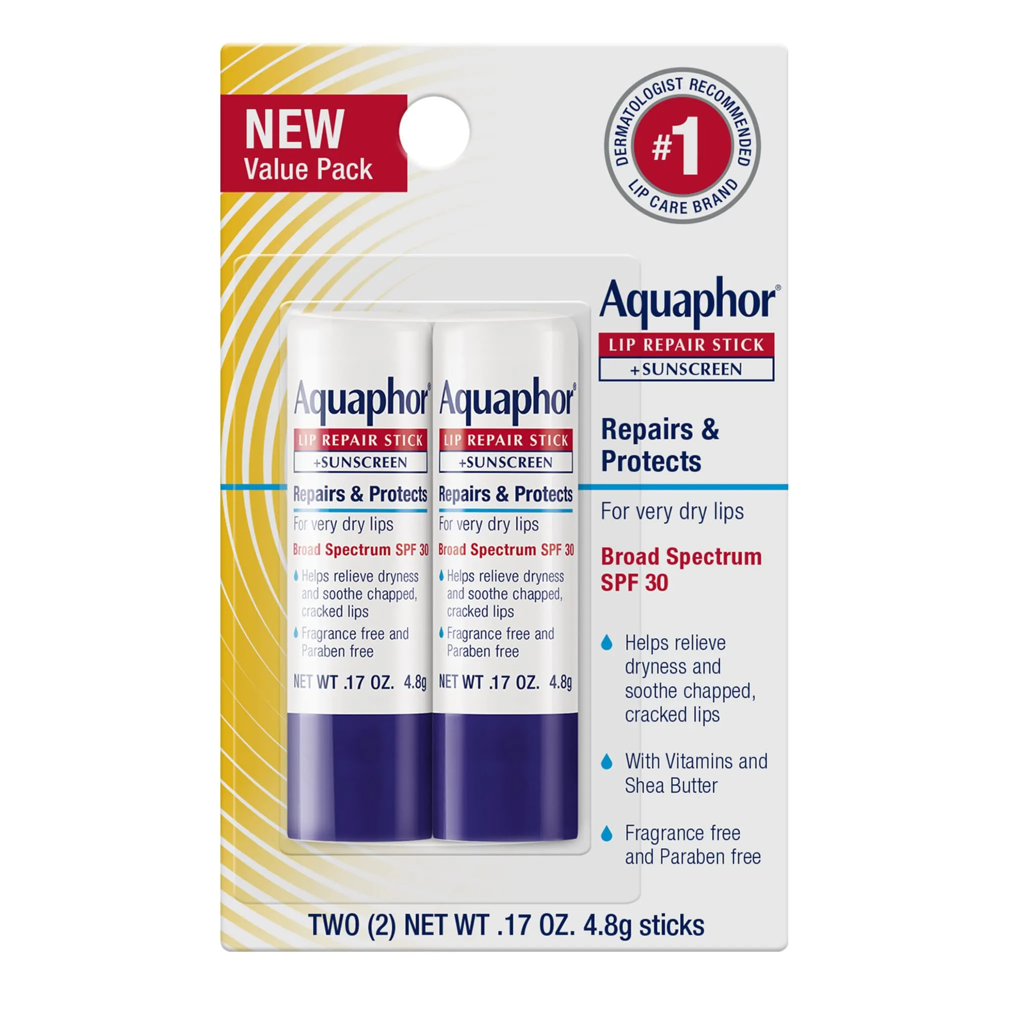 Aquaphor Lip Repair, Moisturizing Lip Balm Set, Soothes Dry Chapped Lips, Lip Repair Stick, 0.17 Oz (Pack of 2)   Lip Repair and Protect Stick, Lip Balm with Sunscreen SPF 30, 0.17 Oz (Pack of 2)