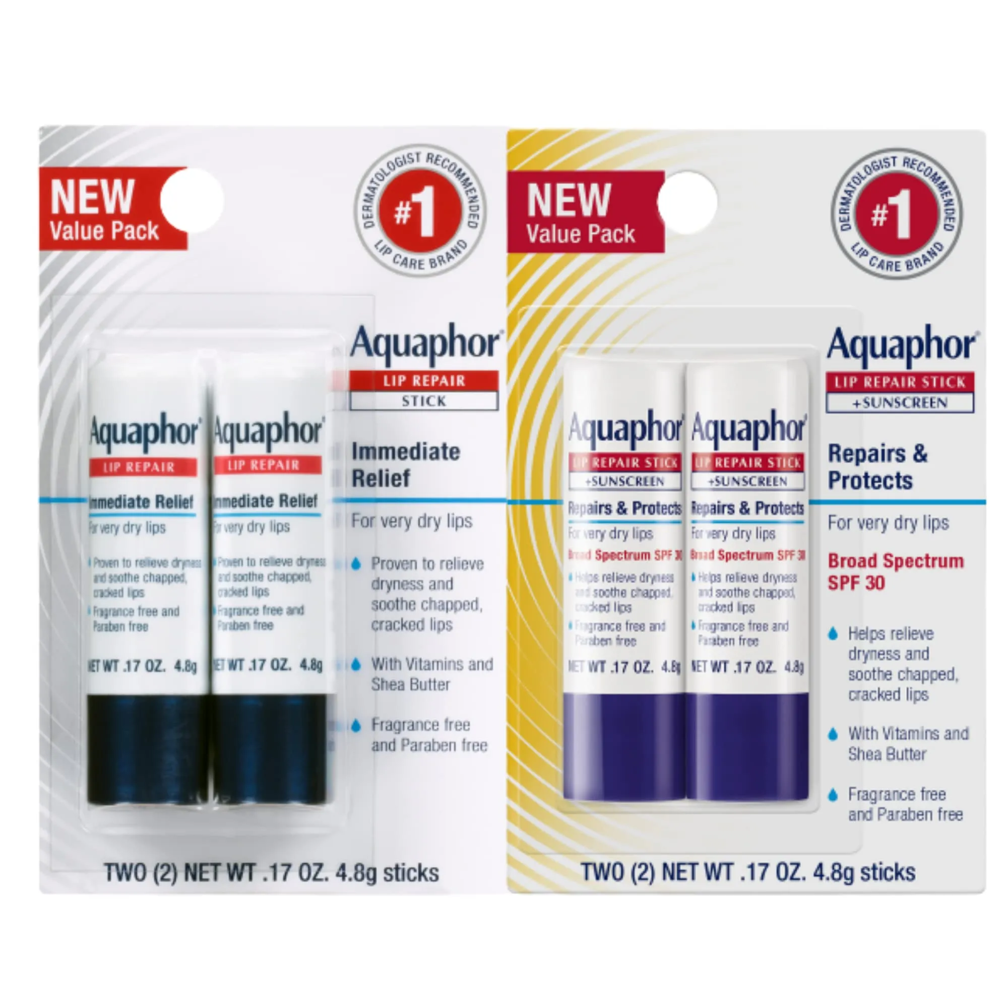 Aquaphor Lip Repair, Moisturizing Lip Balm Set, Soothes Dry Chapped Lips, Lip Repair Stick, 0.17 Oz (Pack of 2)   Lip Repair and Protect Stick, Lip Balm with Sunscreen SPF 30, 0.17 Oz (Pack of 2)