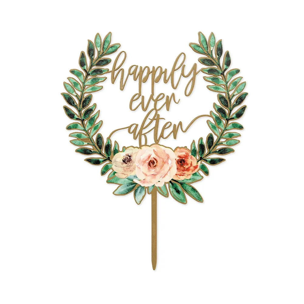 Floral Happily Ever After Natural Wood Cake Wedding Topper