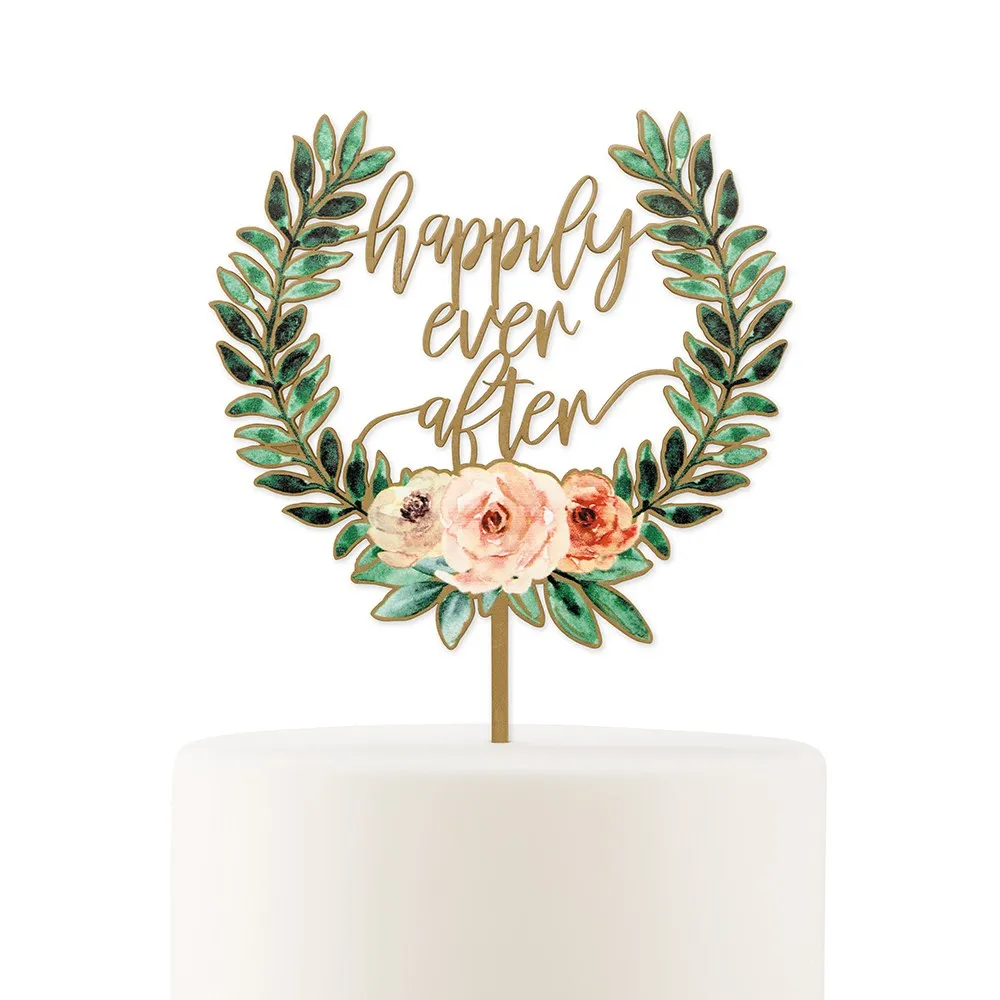 Floral Happily Ever After Natural Wood Cake Wedding Topper