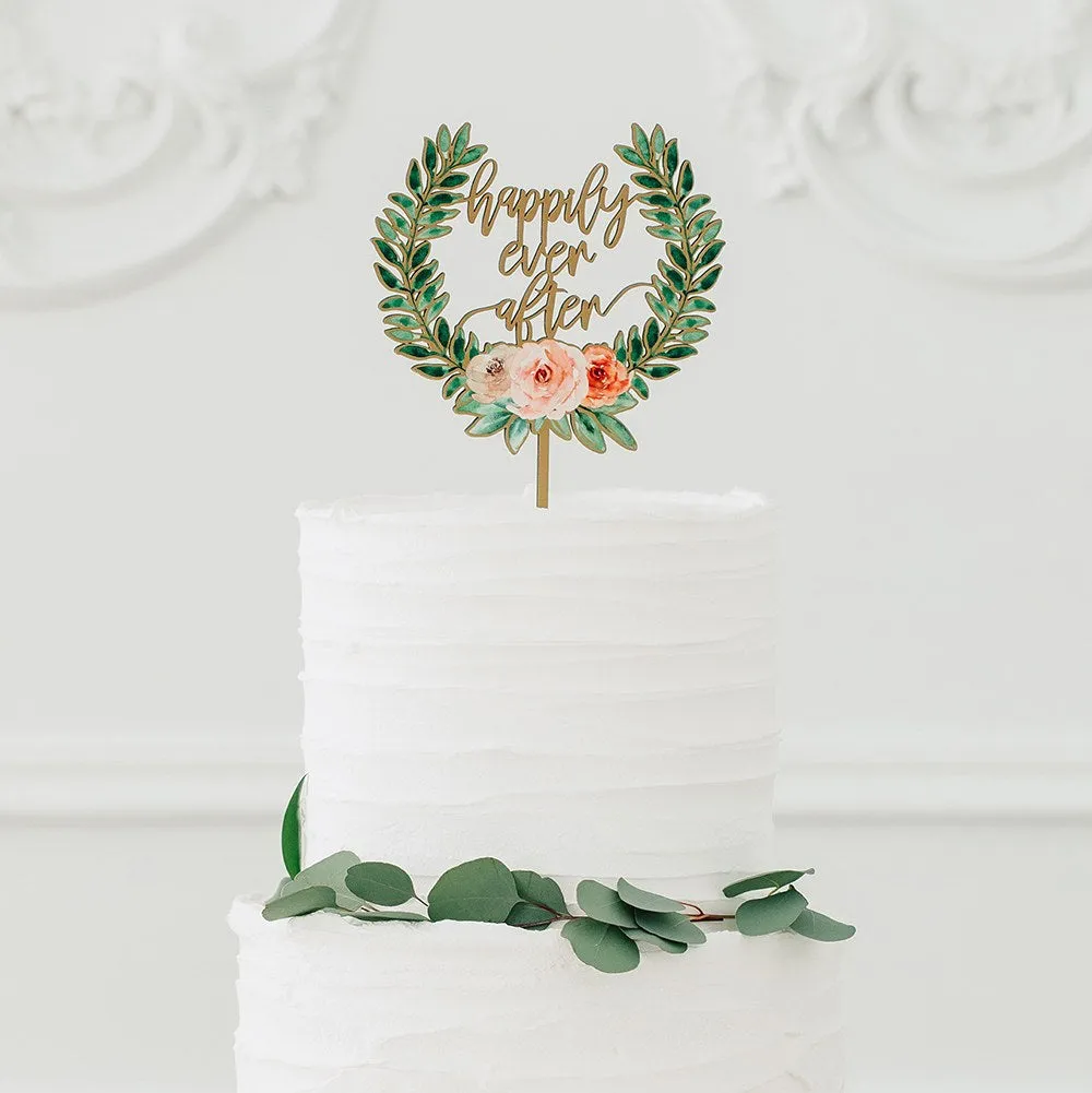 Floral Happily Ever After Natural Wood Cake Wedding Topper