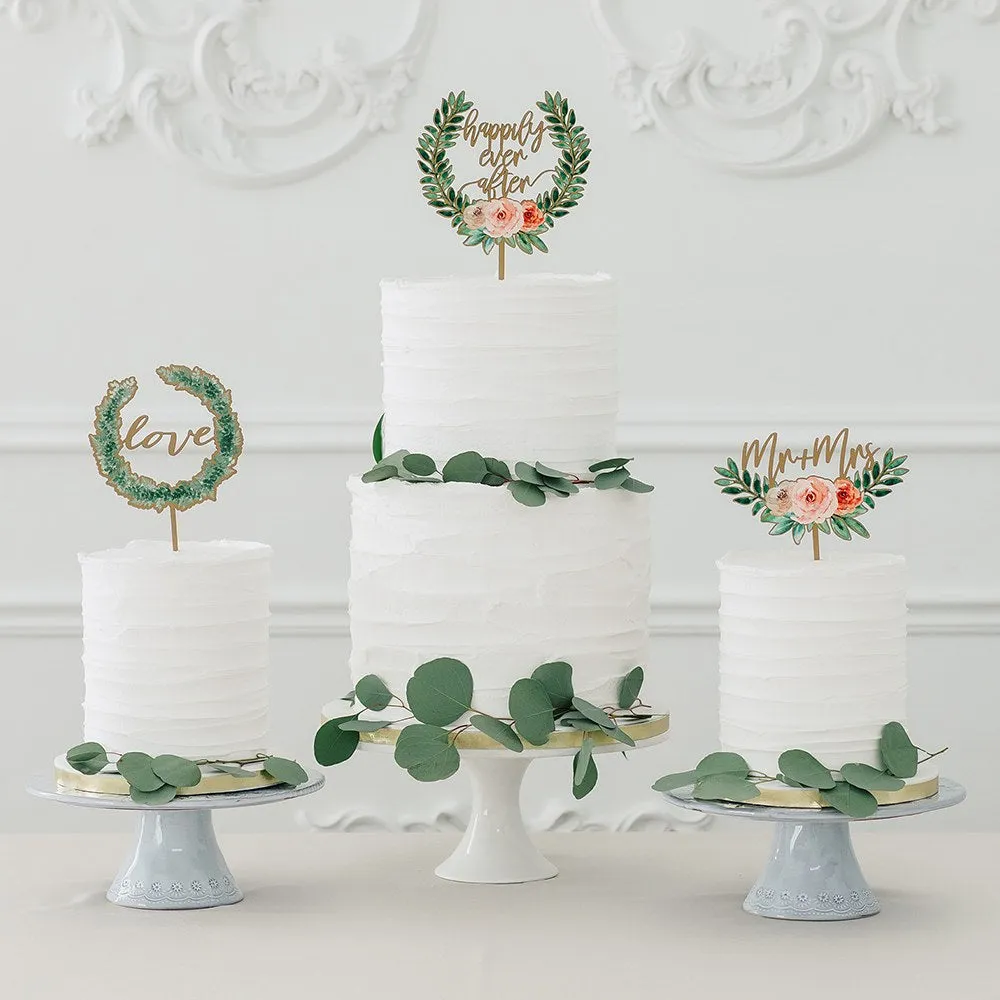 Floral Happily Ever After Natural Wood Cake Wedding Topper