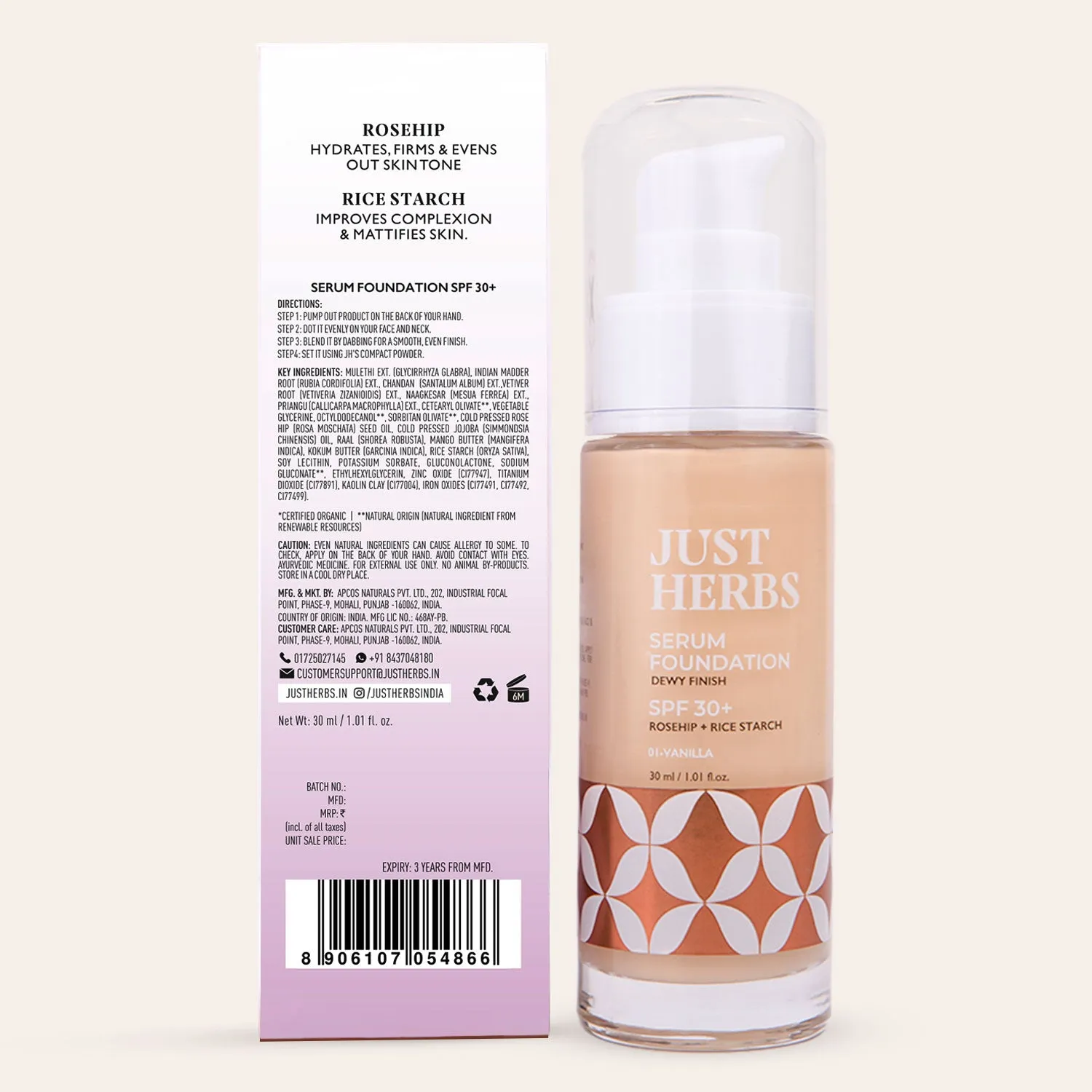 Serum Foundation Dewy Finish SPF 30  with Rosehip and Rice Starch:30 ml